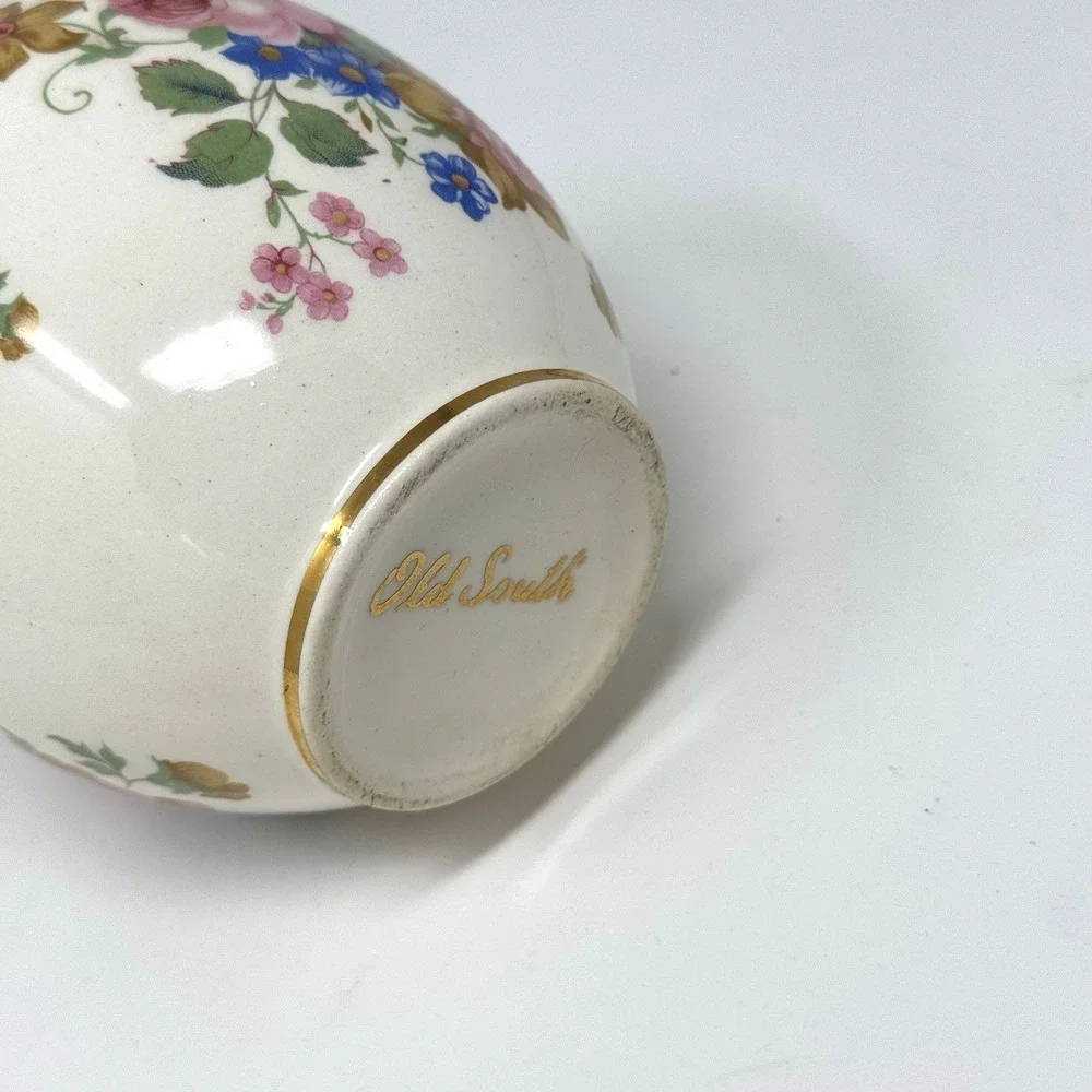 Old South Floral Bud Vase Pair White Ceramic Pink Blue Flowers Gold Trim